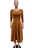 Coffee Casual Elegant Solid Patchwork O Neck A Line Dresses