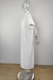 ホワイト カジュアル ソリッド パッチワーク ターンダウンカラー シャツドレス ワンピース