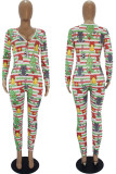 Red Green Casual Print Patchwork Buttons V Neck Skinny Jumpsuits