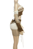 Brown Casual Color Lump Hollowed Out Patchwork Contrast Strapless Long Sleeve Two Pieces