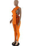 Orange Fashion Casual Solid Bandage Slit Half A Turtleneck Sleeveless Two Pieces