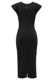 Black Casual Solid Patchwork Slit O Neck One Step Skirt Short Sleeve Dress