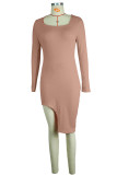 Светло-коричневые повседневные однотонные лоскутные асимметричные платья-юбки-карандаш с квадратным воротником
