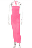 Розовое сексуальное сплошное бинтовое длинное платье с открытой спиной и бретельками