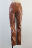 Карамельный цвет Повседневные однотонные узкие брюки с высокой талией и карманами Обычные сплошные цветные низы