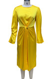 Yellow Casual Solid Patchwork Fold O Neck Straight Dresses