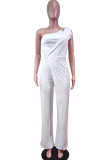 White Fashion Casual Solid Patchwork Asymmetrical Collar Straight Jumpsuits