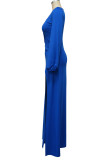 Blaue sexy feste Patchwork-Schlitz-V-Ausschnitt-gerade Kleider