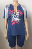 Deep Blue Street Print Tassel Hollowed Out Patchwork V Neck Plus Size Two Pieces