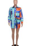Blue Casual Print Patchwork Buckle Turndown Collar Long Sleeve Two Pieces