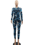 Blu Casual Street Print Camouflage Print Patchwork Buckle Turndown Collar Plus Size Two Pieces