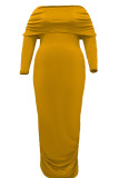 Burgundy Street Solid Patchwork Fold Off the Shoulder One Step Skirt Plus Size Dresses