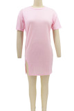 Pink Casual Solid Patchwork Slit O Neck T-shirt Dress Dresses