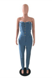 Baby Blue Fashion Casual Solid Backless Strapless Skinny Jumpsuits