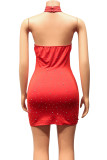 Rotes reizvolles Patchwork-heißes Bohren ausgehöhltes rückenfreies Halter-ärmelloses Kleid-Kleider