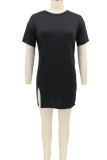 Khaki Casual Solid Patchwork Slit O Neck T-Shirt Kleid Kleider
