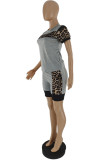Grey Casual Print Leopard Patchwork O Neck Short Sleeve Two Pieces