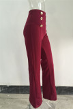 Бордовые модные повседневные однотонные лоскутные обычные брюки с высокой талией