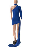 Azul sexy sólido patchwork asimétrico medio cuello alto un paso falda vestidos