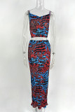 Blu scuro rosso sexy stampa patchwork piega spaghetti strap senza maniche due pezzi