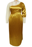Vestidos de talla grande con falda de un solo paso con cuello oblicuo y pliegues de hilo de retazos sólidos elegantes dorados