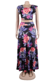 Dark Blue Sweet Print Patchwork Square Collar Sleeveless Two Pieces