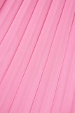 Розовые повседневные однотонные плиссированные платья с длинным рукавом и V-образным вырезом с уздечкой