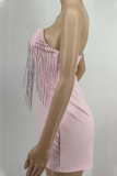 Pink Elegant Solid Tassel Patchwork Backless Strapless Skinny Rompers