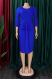 Royal Blue Casual Solid Patchwork Fold O Neck Pencil Skirt Dresses