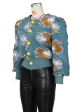 Blue Black Casual Print Patchwork Buckle Outerwear