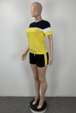 Fluorescent Green Casual Patchwork Contrast O Neck Short Sleeve Two Pieces