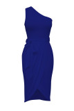 Красочные синие сексуальные сплошные повязки в стиле пэчворк асимметричные косые воротники нерегулярные платья платья