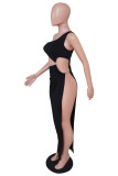 Черное сексуальное однотонное длинное платье с вырезом в стиле пэчворк и асимметричным косым воротником