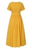Red Casual Solid Patchwork With Belt Shirt Collar Short Sleeve Dress