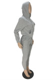 Grey Casual Letter Print Basic Hooded Collar Long Sleeve Two Pieces