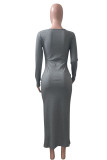 Blue Gray Casual Solid Patchwork U Neck Straight Dresses