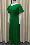 Green Casual Solid Patchwork Flounce Fold Asymmetrical Collar Straight Dresses