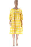 Gelbe, lässige, süße Print-Patchwork-Kleider mit O-Ausschnitt und A-Linie
