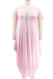 Pink Casual Print Patchwork Asymmetrical O Neck Short Sleeve Dress Plus Size Dresses