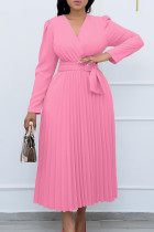 Roze casual effen Frenulum geplooide V-hals jurken met lange mouwen
