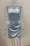 Небесно-голубые сексуальные однотонные платья в стиле пэчворк со складками на тонких бретельках