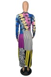 Purple Casual Print Patchwork O Neck Long Sleeve Dresses