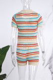 Sweet Street Striped Patchwork Buckle Contrast Turndown Collar Short Sleeve Two Pieces Noir