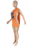 Orange Fashion Casual Print Hollowed Out V Neck Tops