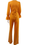 Tangerine Casual Solid Patchwork V Neck Long Sleeve Two Pieces