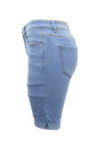 Baby Blue Street Solid Patchwork Falten Jeansshorts mit hoher Taille
