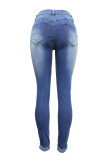 Голубые повседневные однотонные рваные джинсы скинни со средней посадкой