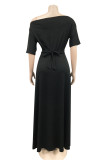 Black Fashion Casual Solid Patchwork Slit Off the Shoulder Short Sleeve Dress