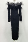 Zwarte elegante effen patchwork veren kralen off-shoulder avondjurk jurken