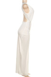 White Sexy Street Elegant Solid High Opening Fold V Neck One Step Skirt Dresses